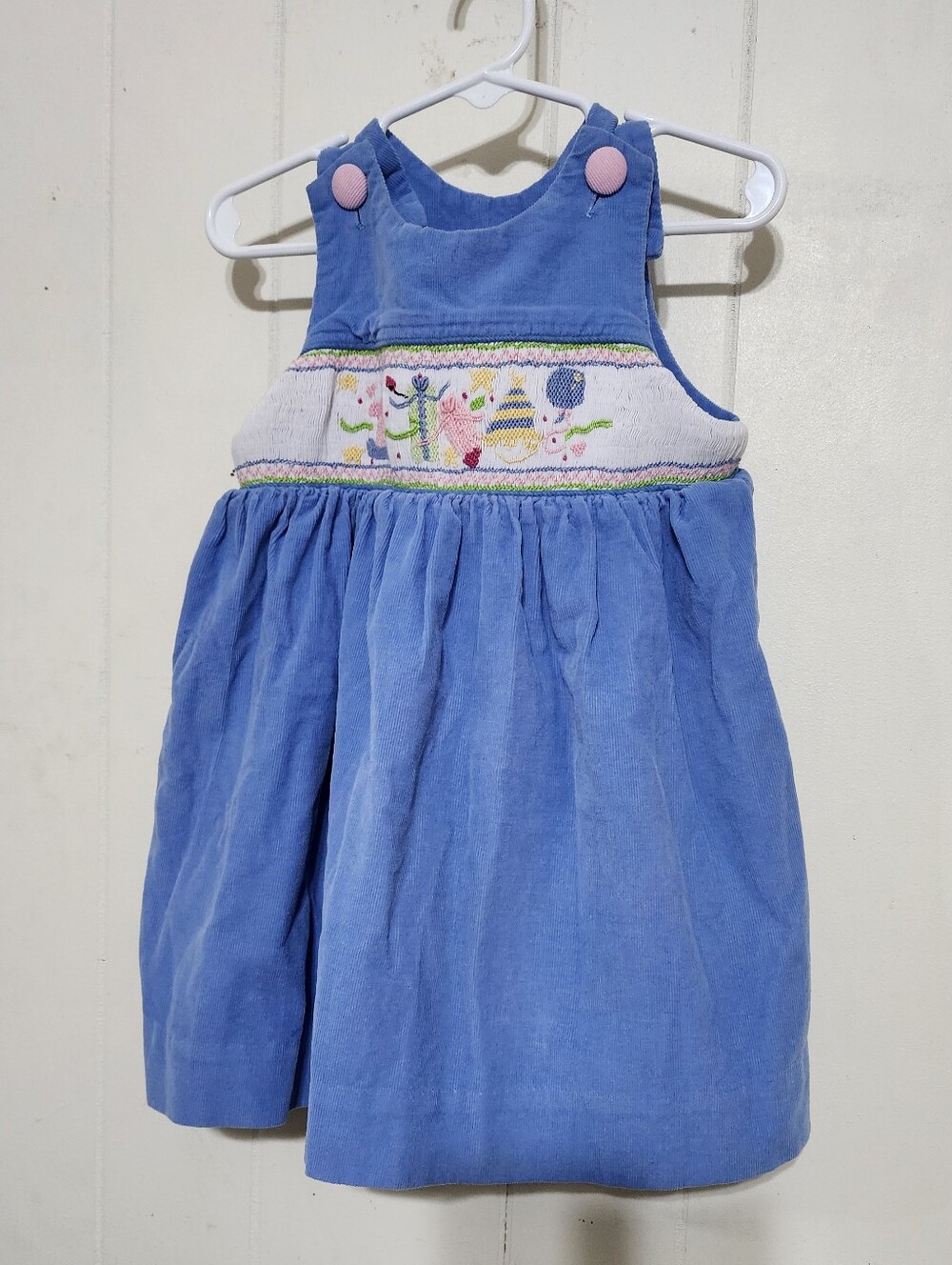 Vintage Just Ducky Blue Corduroy Smocked Birthday Jumper Dress Size [X] USA